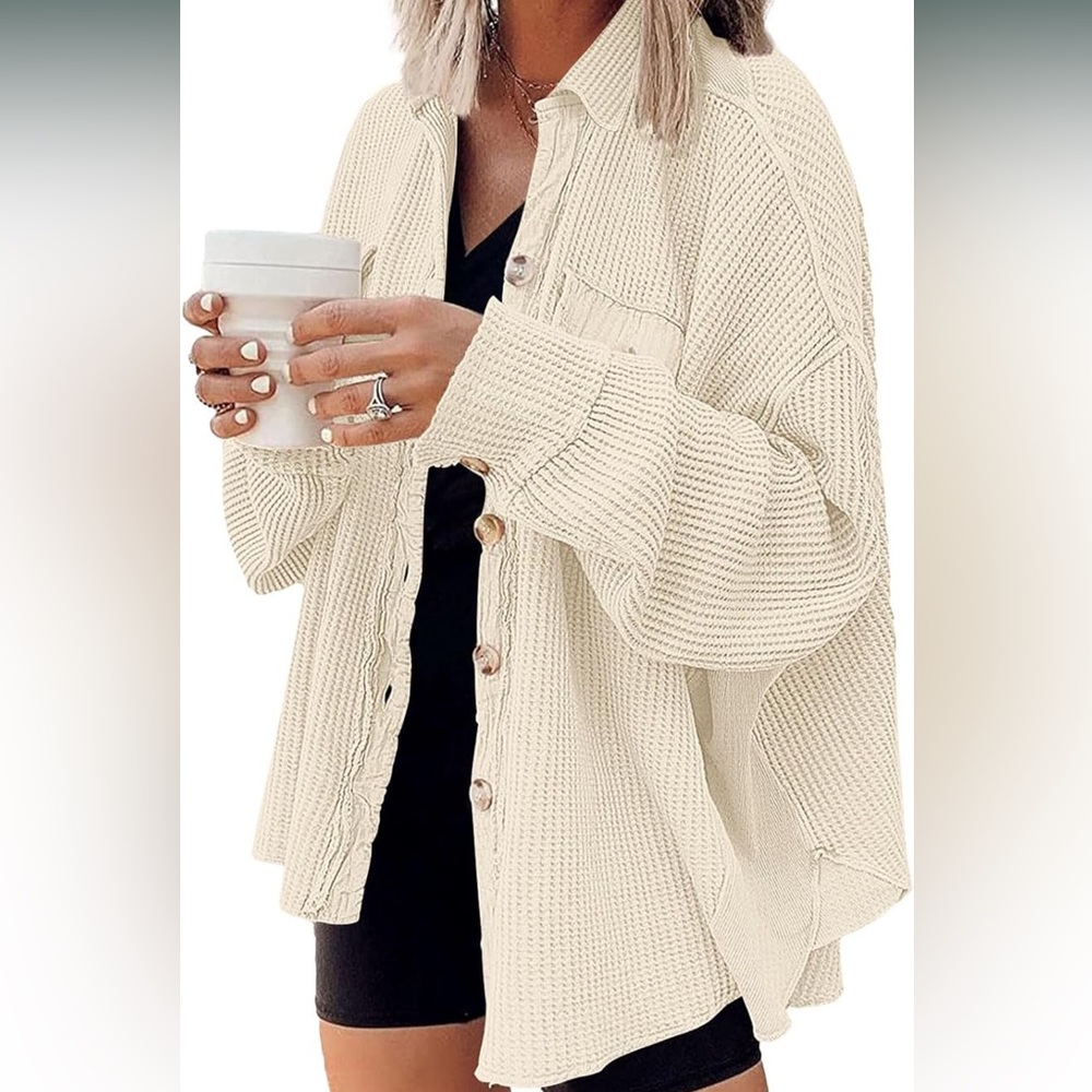 AUTOMET Womens Shacket Jacket Waffle Knit Oversized Button Down Shirts